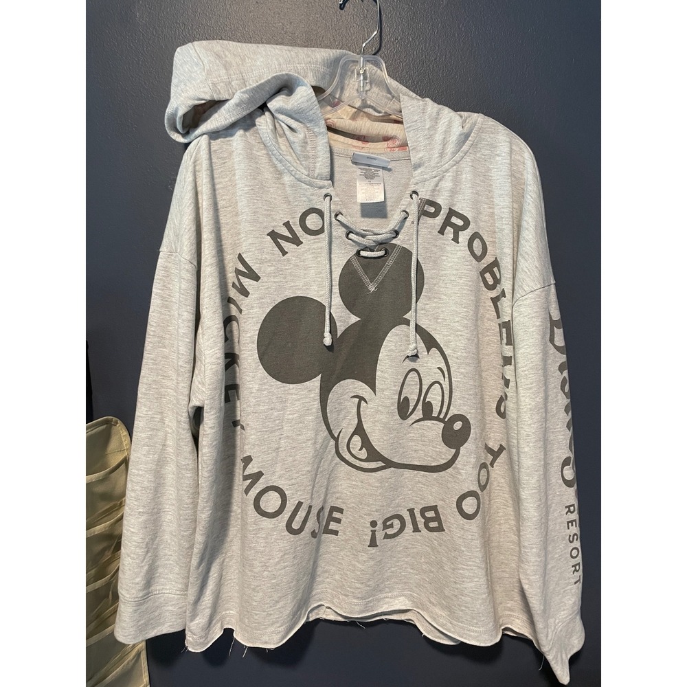 Disney Parks Mickey Mouse Lace Up Hoodie Disneyland Resort Gray 1X Raw Hem
